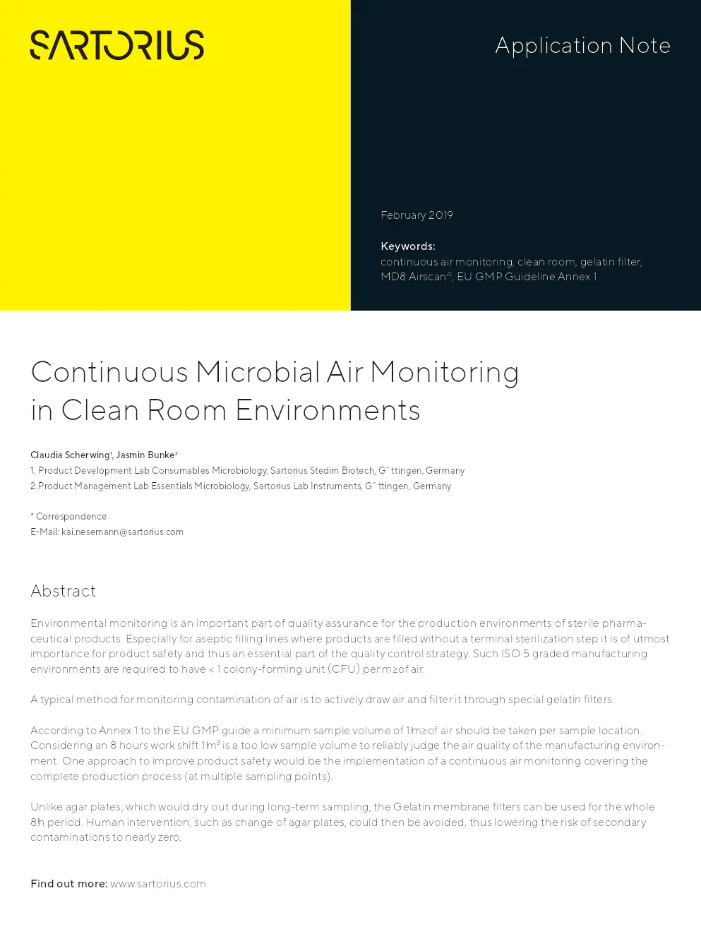 Image du document pdf : application note sur le MD8 Airscan pour la surveillance microbienne continue en salle blanche  